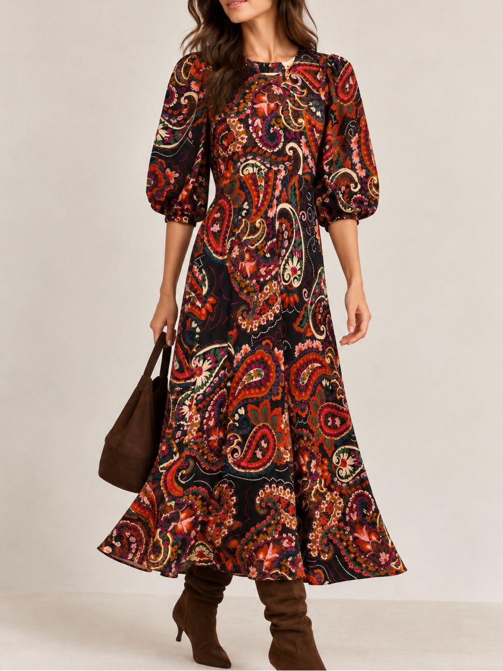 Kachel Paisley Puff Sleeve Midi Dress Anthro Boho Multi XS Petite